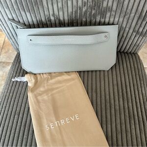 NEW EXCELLENT SENREVE POUCH CLUTCH SLATE GRAY BLUE SILVER HARDWARE WOW!